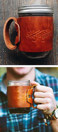 two photos one with a leather mug and the other with a mason jar in it