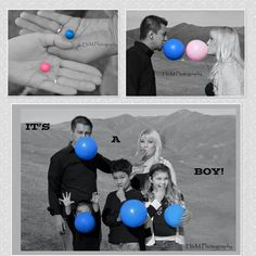 two photos with blue and pink balloons in front of them, one has a ring on it's finger