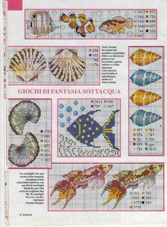 cross stitch pattern with fish and seashells on the side, in different colors