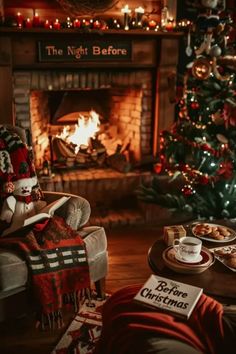 Cozy Christmas scene with a lit fireplace, decorated tree, and a book titled "The Night Before Christmas" on a chair. Fireplace At Christmas, Christmas Camping Ideas, Holiday Decor Aesthetic, Christmas Cozy Aesthetic, Aesthetic Noel, Christmas Aesthetic Cozy, Cozy Christmas Fireplace, Warm Christmas Decor, Christmas Fireplaces