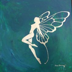 a painting of a white fairy sitting on top of a green background with the words,