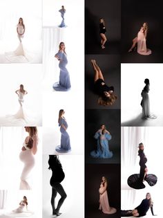 a series of photos showing different women in gowns and high heels posing for the camera