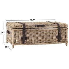 the measurements for a wicker trunk with leather straps and handles are shown in this image