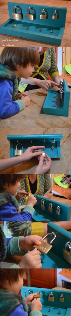 several pictures of children playing with different objects in the same box, and then using scissors to cut them