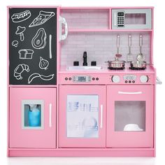 a pink play kitchen set with chalkboard on the wall and stove top oven, microwave, toaster and sink