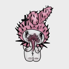 a drawing of a pink monster with spikes on its head and hands in front of his face