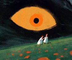 an image of two people standing in front of a large orange eye on the side of a hill