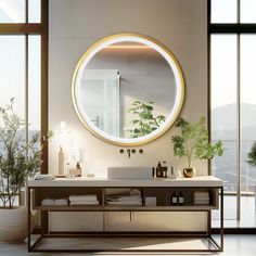 a bathroom with a large round mirror on the wall and plants in vases next to it