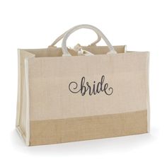 the bridesmaid tote bag is made from burlock and has black lettering on it