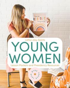 a woman sitting in a chair reading a book with the words young women written on it