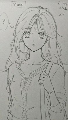 a drawing of a girl with long hair holding a handbag and looking at the camera