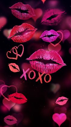 lipstick kisses with the words xoxo written on them and hearts in the background