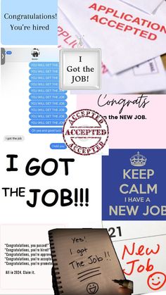 several different types of stickers with words and phrases on them, including letters that say i got the job