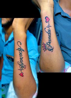 two people with matching tattoos on their arms