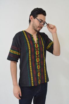 Traditional Guatemalan Shirt Hippie Guatemalan Unisex Shirt - Etsy Bohemian Black Long Sleeve Shirt, Black Cotton Shirt For Festivals, Black Casual Shirt For Festivals, Black Bohemian Tops For Festivals, Traditional Festival Tops With Relaxed Fit, Black Cotton Tops With Geometric Pattern, Traditional Relaxed Fit Tops For Festivals, Black Cotton Blouse With Geometric Embroidery, Black Cotton Top With Geometric Pattern