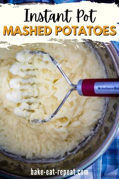 instant pot mashed potatoes in a bowl with a whisk on the side