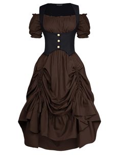 PRICES MAY VARY. 🌼Product Design: This ensemble features a two-piece design consisting of an off-shoulder Steampunk dress and a fitted vest. The dress includes a high-low hemline and a double drawstring detail, allowing for adjustable ruching that creates an asymmetrical and voluminous effect. The bodice of the dress is fitted, and the sleeves are puffed and short, adding a touch of romanticism. The vest is structured with button details, providing a flattering silhouette and a corset-like appe Renisance Dress, Steampunk Womens Fashion, Medevil Dresses, Dark Cottagecore Fashion, Midevil Dress, Ren Faire Dress, Faire Dress, Village Dress, Steampunk Halloween Costumes