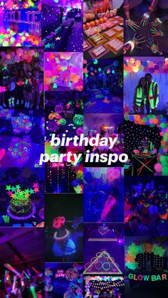 a collage of photos with the words birthday party inspo written on it in different colors