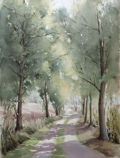 a watercolor painting of trees and dirt road