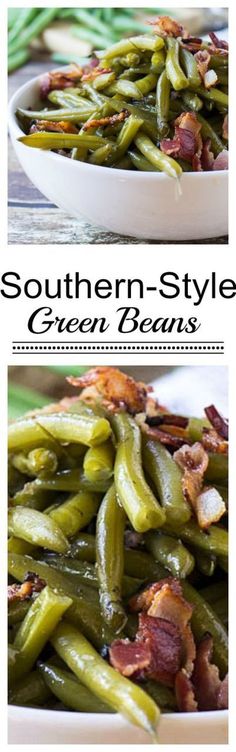 southern style green beans in a white bowl with bacon on top and the same side