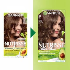 Garnier Nutrisse Ultra Crème Nourishing Permanent Hair Color nourishes as it colors for 2x shinier, silkier and nourished hair vs. uncolored, unwashed hair. Garnier Nutrisse permanent light brown hair dye comes with a fruit oil ampoule that you pour directly into the mix. Our nourishing after color conditioner is infused with five responsibly-sourced oils - avocado, olive, coconut, argan and shea. The new ColorBoost technology efficiently infuses intense dyes into the hair fiber for richer, radi Chocolate Caramel Hair Color, Chocolate Caramel Hair, Light Brown Hair Dye, Beautiful Highlights, Beauty Hair Color, Color Conditioner, Hair Color Caramel, Brown Hair Dye, Hair Color Cream