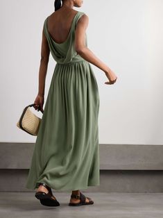 Chic Floor-length Crepe Dress, Flowy Silk Pre-draped Maxi Dress, Chic Silk Midi Dress With Pleated Back, Flowy Viscose Dress For Work, Viscose Dresses With Flowy Skirt For Work, Chic Silk Crepe Floor-length Maxi Dress, Chic Floor-length Silk Crepe Maxi Dress, Chic Sleeveless Silk Crepe Dress, Pre-draped Silk Crepe Maxi Dress