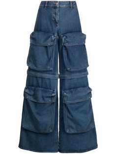 indigo blue cotton denim high-waisted wide leg detachable legs belt loops concealed fly and button fastening extra-long length four front flap pockets two rear flap pockets Extra Wide Jeans, Y Project Jeans, Detachable Jeans, Butterfly Stomach, Dark Clothing, Dark Blue Pants, Moda Denim, Leg Belt, Dark Outfits