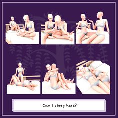 several images of two women in bikinis sitting on a bed and talking to each other