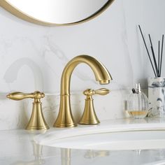 Vinnova Florence Two-Handle 8-Inch Widespread Bathroom Faucet Brushed Gold Finish Gold Tub Faucet, Bathroom Cabinets With Gold Hardware, Contemporary Bathroom Decor, Gold Faucet, Glass Sink, Stone Bath, Bathroom Themes, Guest Bathrooms, Widespread Bathroom Faucet