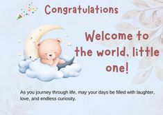 congratulations card with teddy bear and moon on cloud in blue sky for baby's first birthday