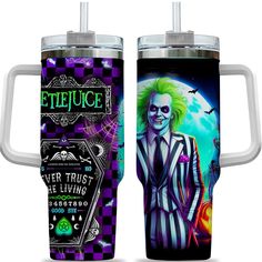 the joker travel mug is designed to look like it has been painted with purple and black stripes