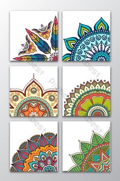 four colorful cards with different designs on them