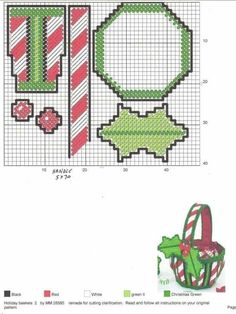 the cross stitch pattern for christmas decorations is shown in red, green and white colors