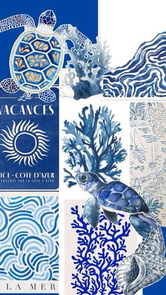 blue and white collage with sea life, turtle, corals, and waves