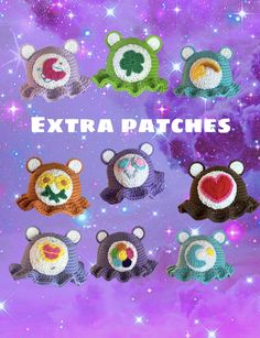 the crocheted teddy bears are all in different colors and sizes, with text that reads extra patches