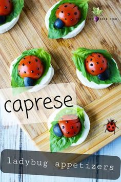 ladybug appetizers are arranged on a cutting board