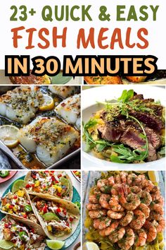 fish and seafood meals with text overlay that reads, 23 quick & easy fish meals in 30 minutes