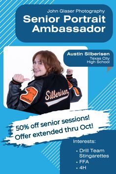 an advertisement for the senior portrait ambassador, featuring a woman in a black jacket and orange lettering