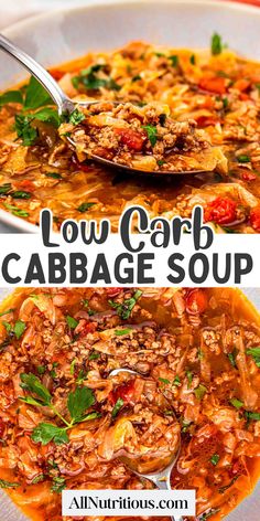 low carb cabbage soup in a white bowl with spoon and title text above it