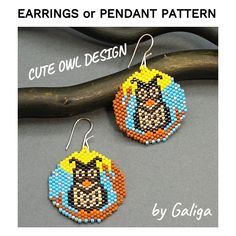 two beaded earrings with an owl design on the front and back of each pair