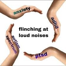 four hands with words that spell out the word, finching at loud noises