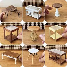 there are many different types of miniature tables and stools on the table, including one with a coffee table