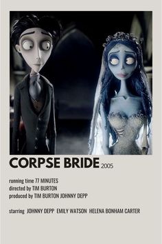 corpse bride movie poster with two creepy dolls in wedding dress and man in tuxedo