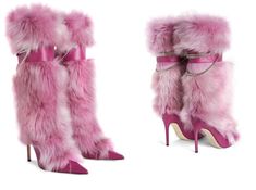 Pink High Heel Knee-high Boots For Winter, Fur Boot Heels, Fur High Heel Boots, Pink Fur Boots, Pink Ankle-high Leather Platform Boots, Look Rose, Faux Fur Boots, Funky Shoes, Fancy Shoes