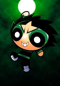 the powerpuff character is flying through the air with his head turned to look like he