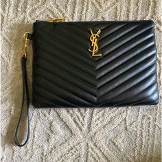 See Pics For Minor Flaws On Bottom Corners Measurements 9”X 6 1/2”X 1” Ysl Clutch, Saint Laurent Bags, Yves Saint Laurent Bags, Purse Black, Black Design, Yves Saint Laurent, Clutch Bag, Saint Laurent, Envelope