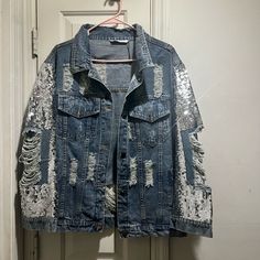 Size Xl. In Excellent Condition. Brand New Casual Long Sleeve Denim Jacket With Sequins, Denim Long Sleeve Outerwear With Sequins, Casual Denim Outerwear With Sequins, Long Sleeve Denim Outerwear With Sequins, Denim Sequined Long Sleeve Outerwear, Winter Long Sleeve Denim Jacket With Sequins, Sequin Sleeve, Distressed Jean Jacket, Stage Outfit