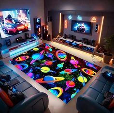 a living room with two couches and a rug on the floor that has glow in it