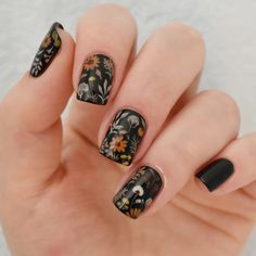 Nail Art by Amber | Moody Autumn Floral . . . . Products Used: @zoyanailpolish 'Willa', 'Spencer', 'Chanelle', 'Jacqueline, 'Dionne', 'Naked Manicure' top… | Instagram Black Flowers Nail Designs, Moody Floral Nails, Black Background Nails, Floral Autumn Nails, Nail Art Floral Designs, Moody Nail Art, Black And Floral Nails, Black Floral Nail Designs, Nature Nail Ideas