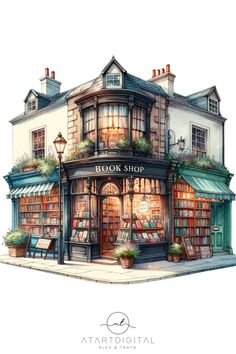 a watercolor painting of a book shop